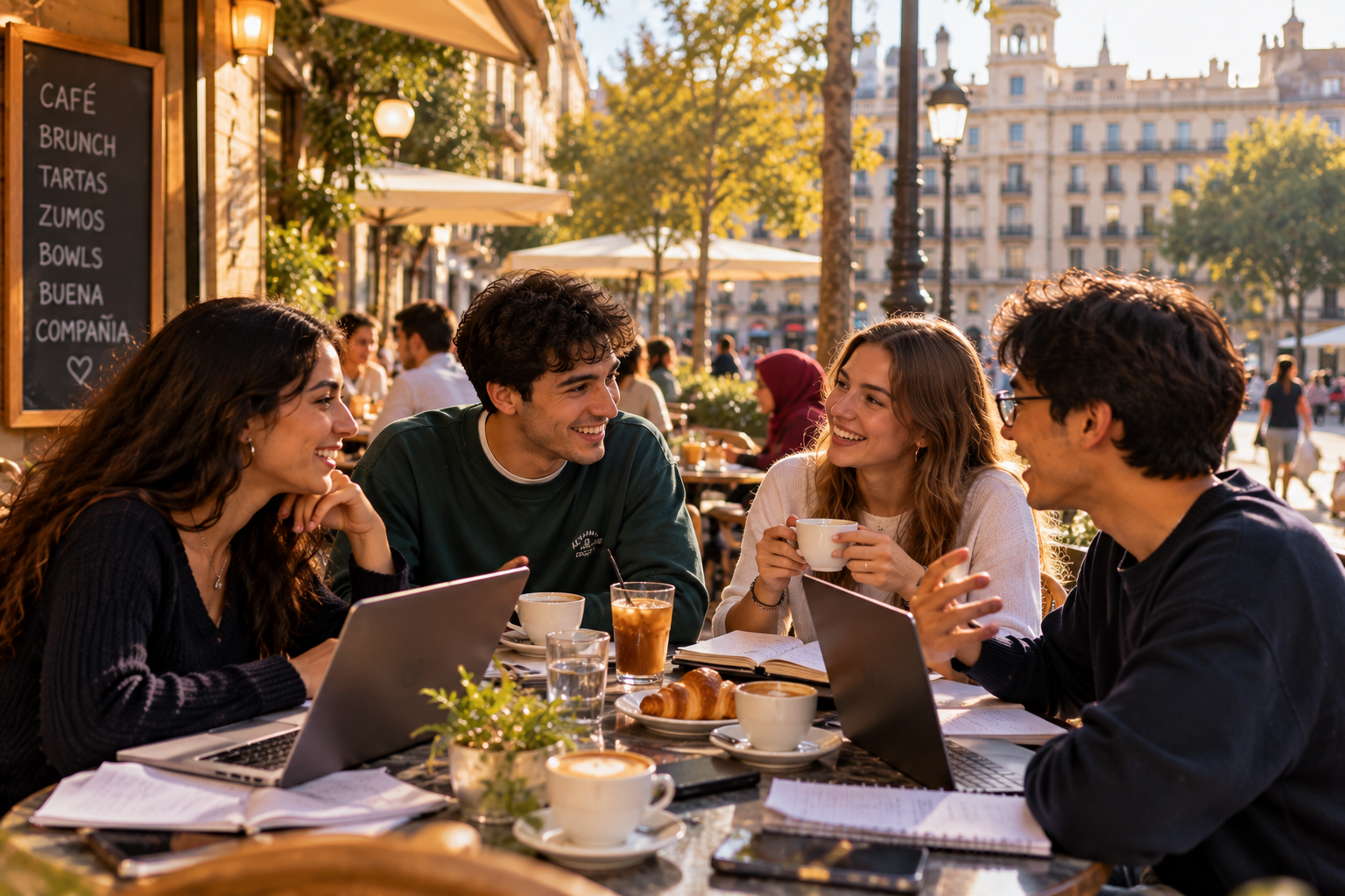 Étudiant marocain marchant dans une rue ensoleillée de Barcelone