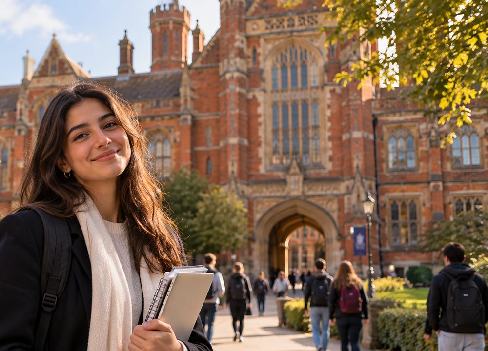 Étudiante marocaine souriante sur un campus britannique