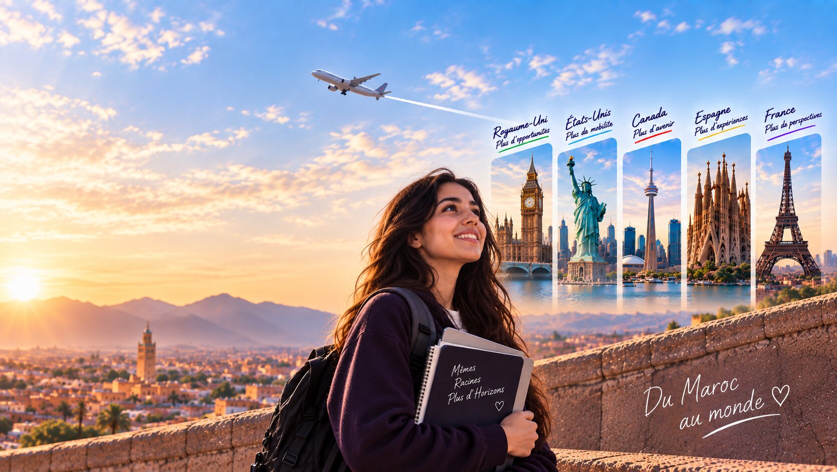 Étudiante marocaine souriante, cahiers à la main, devant les monuments du Royaume-Uni, des États-Unis, du Canada, d’Espagne et de France