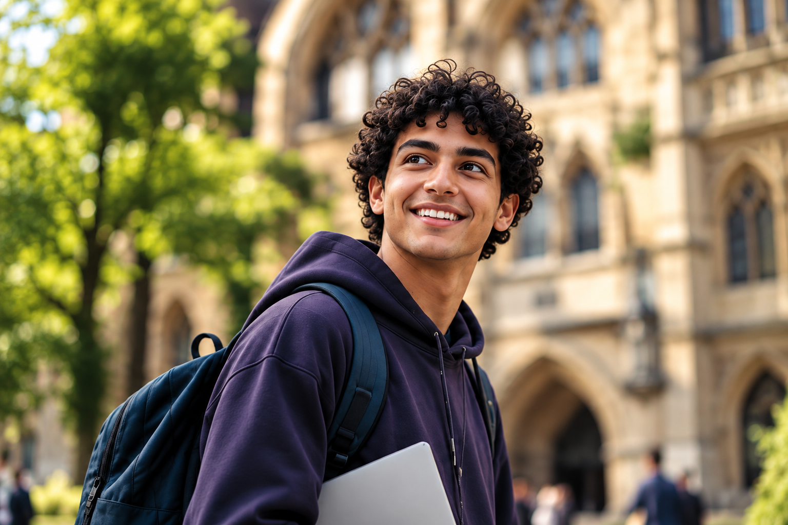 Étudiant souriant sur un campus universitaire